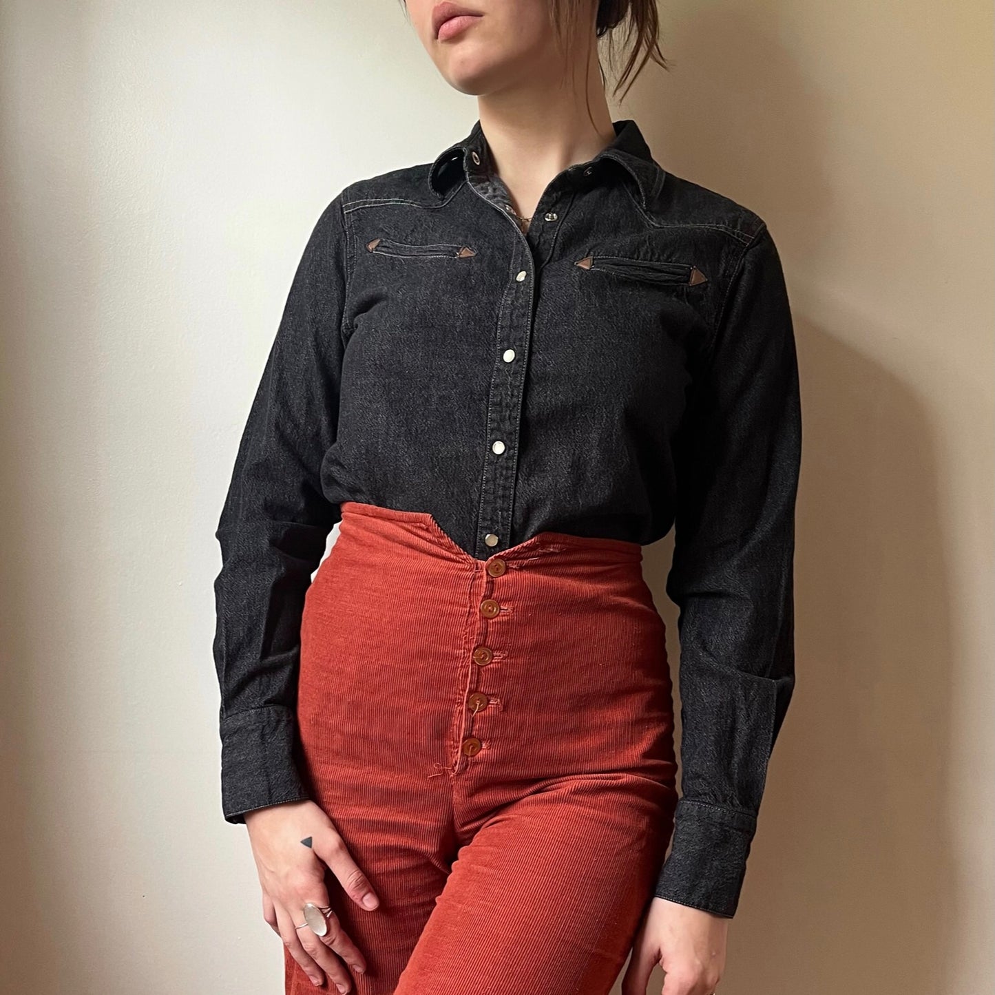 Faded Black Denim Western Blouse (S/M)