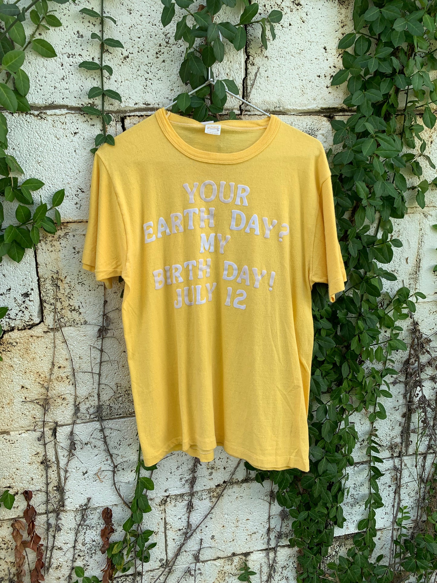 Vtg. Earth Day Birth Day Felt Letter Tee (S/M)