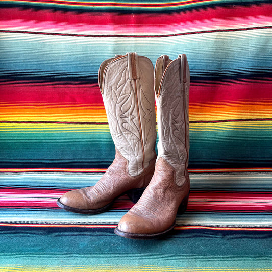 Womens Vintage Sanders Tan Bullhide / Brown Leather Cowboy Boots 8B