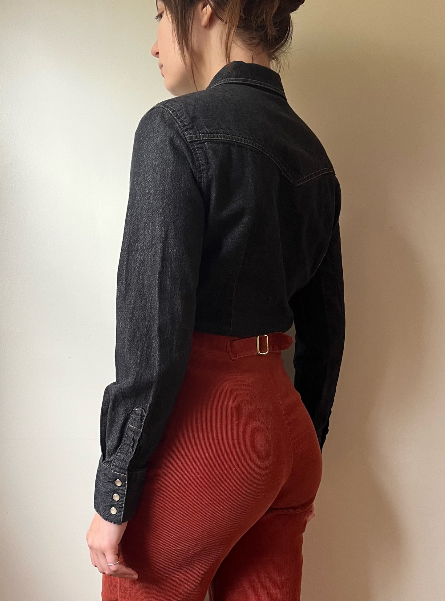 Faded Black Denim Western Blouse (S/M)