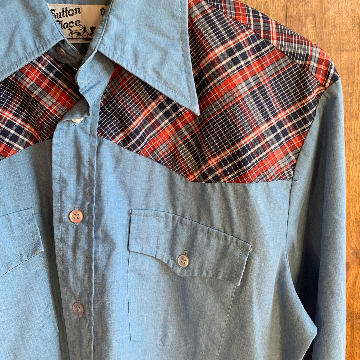 Light Blue Button Up Western Shirt w/ Plaid Yokes (M)