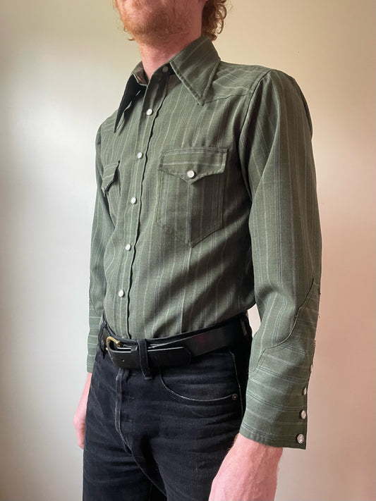 1950s Striped Green Gabardine Pearl Snap Shirt (S/M)