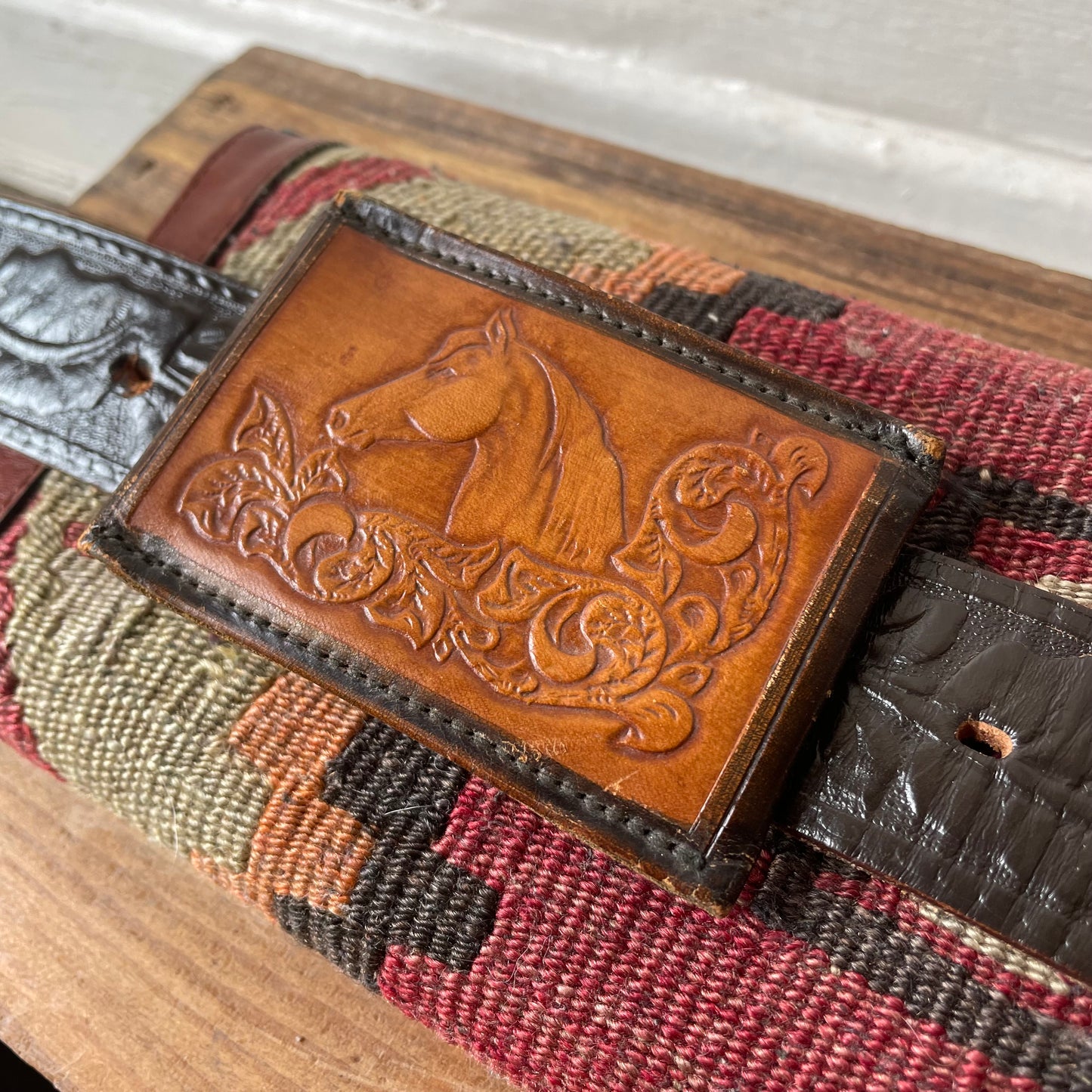 Tooled Leather Stallion Buckle