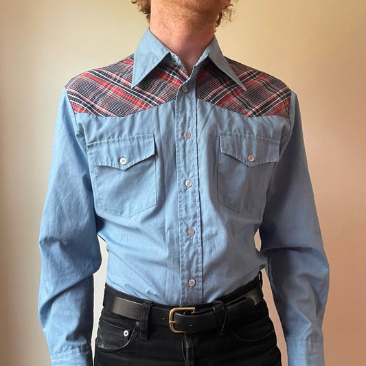 Light Blue Button Up Western Shirt w/ Plaid Yokes (M)