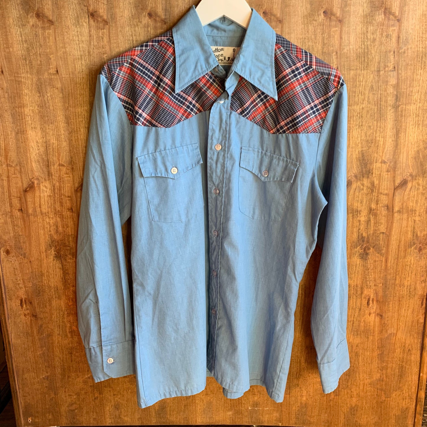 Light Blue Button Up Western Shirt w/ Plaid Yokes (M)