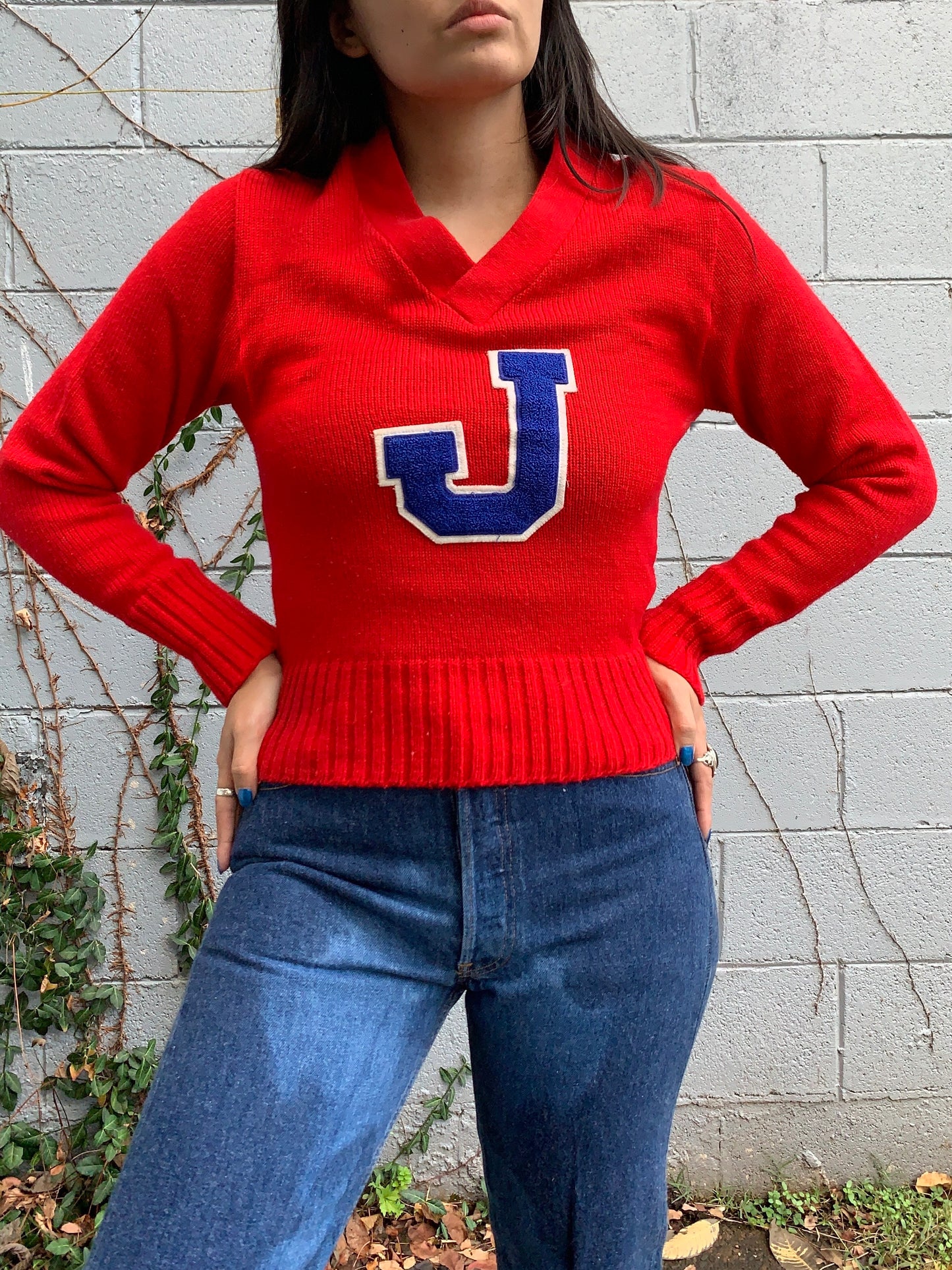 Red Athletic "J" V Neck Sweater (M)