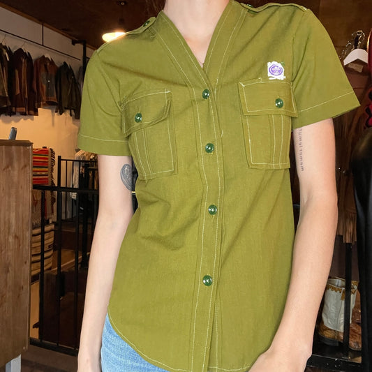 Army Green Button Up w/ Fleur De Lis Patch