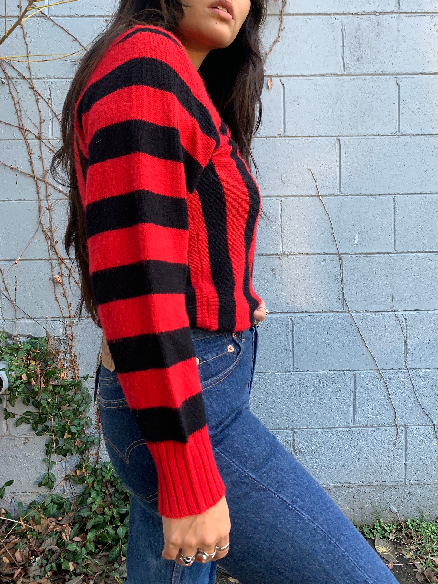 Red & Black Striped V Neck Sweater (M)