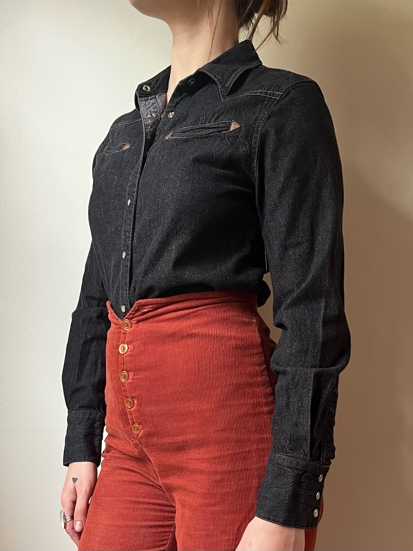 Faded Black Denim Western Blouse (S/M)