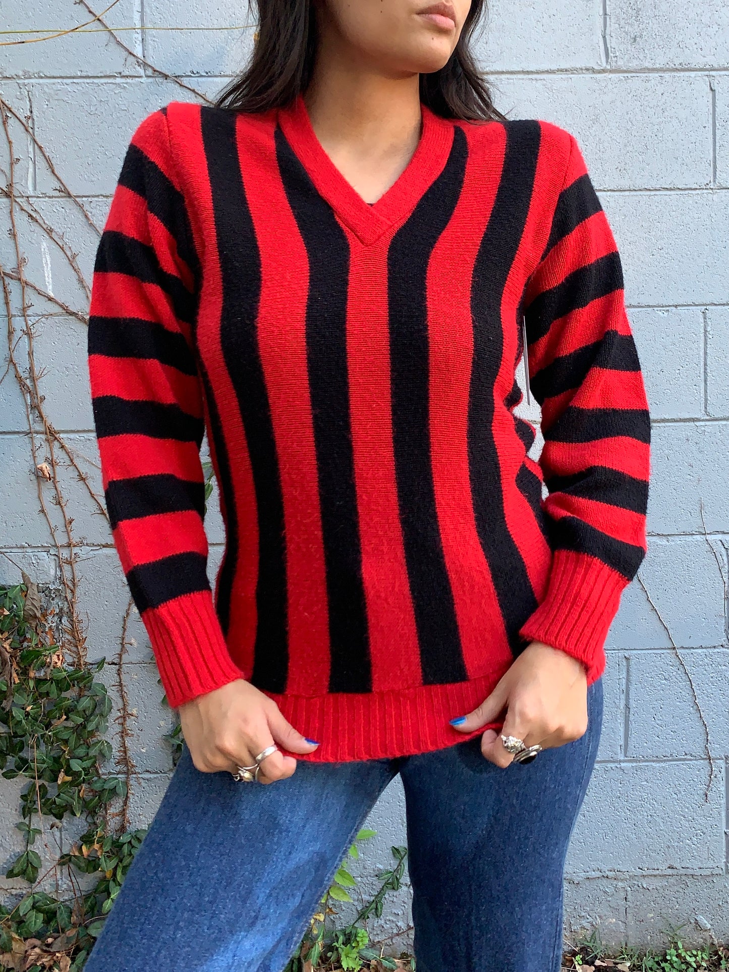 Red & Black Striped V Neck Sweater (M)