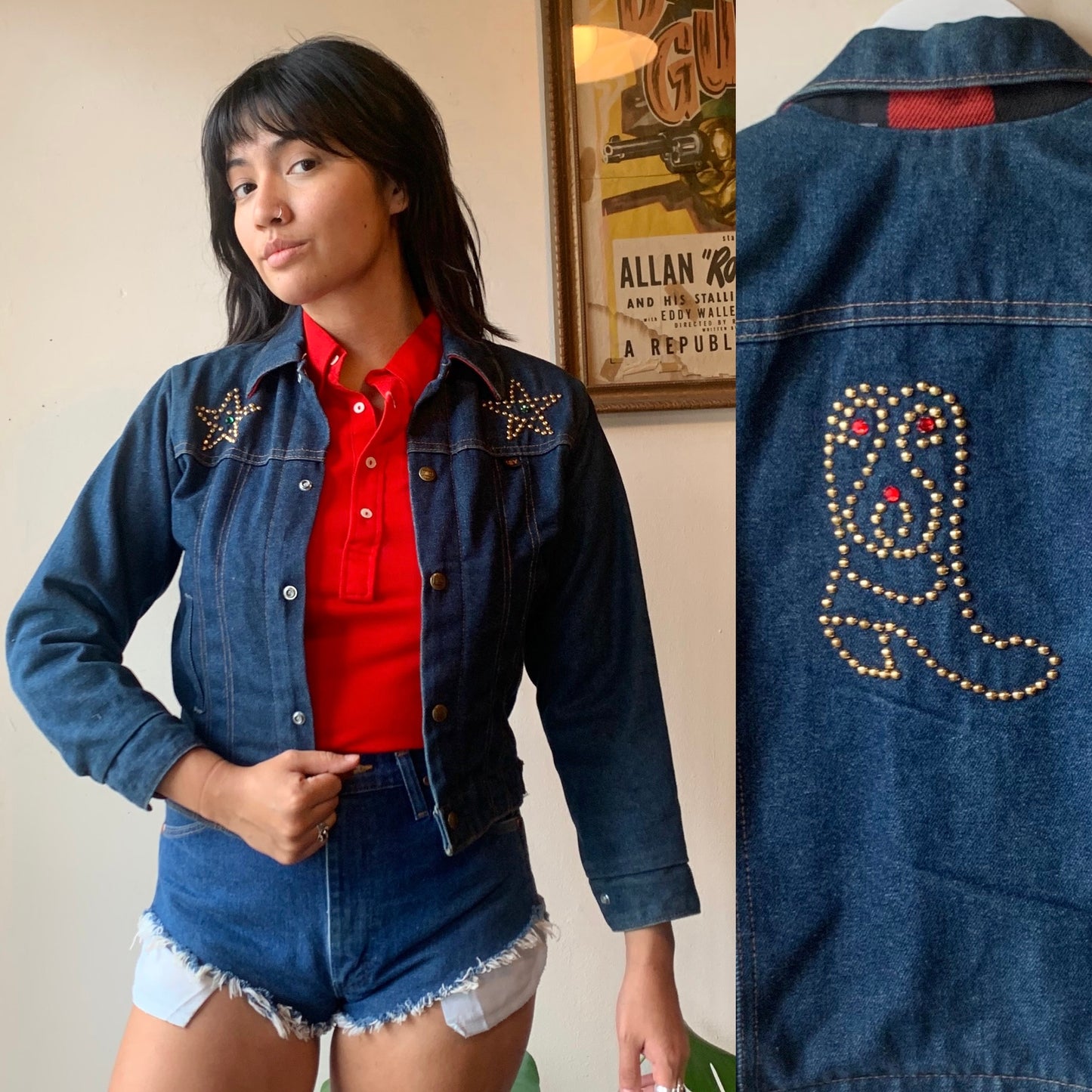 1970S Denim & Plaid Boot Bedazzled Denim Jacket (XS/S)