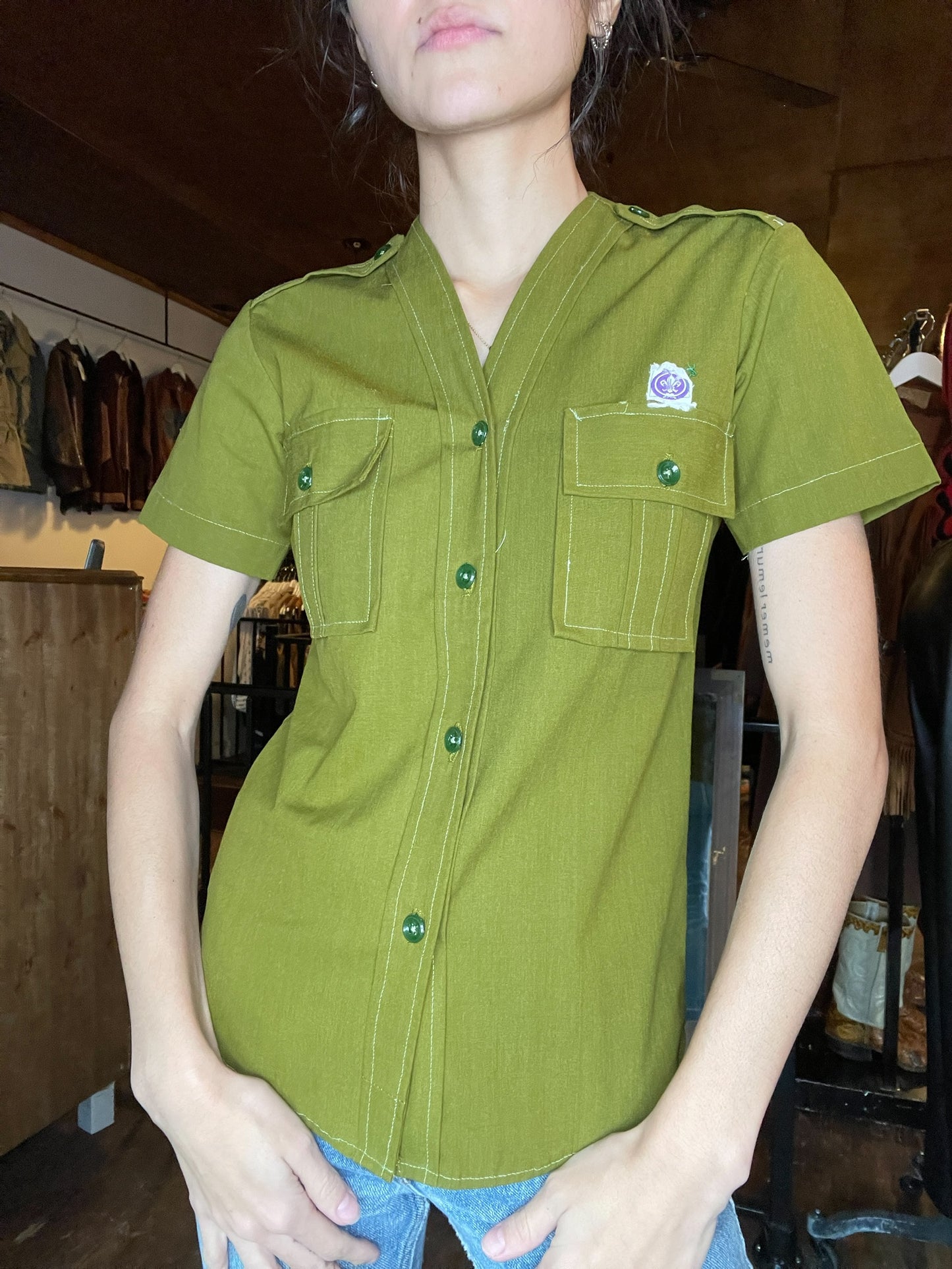 Army Green Button Up w/ Fleur De Lis Patch