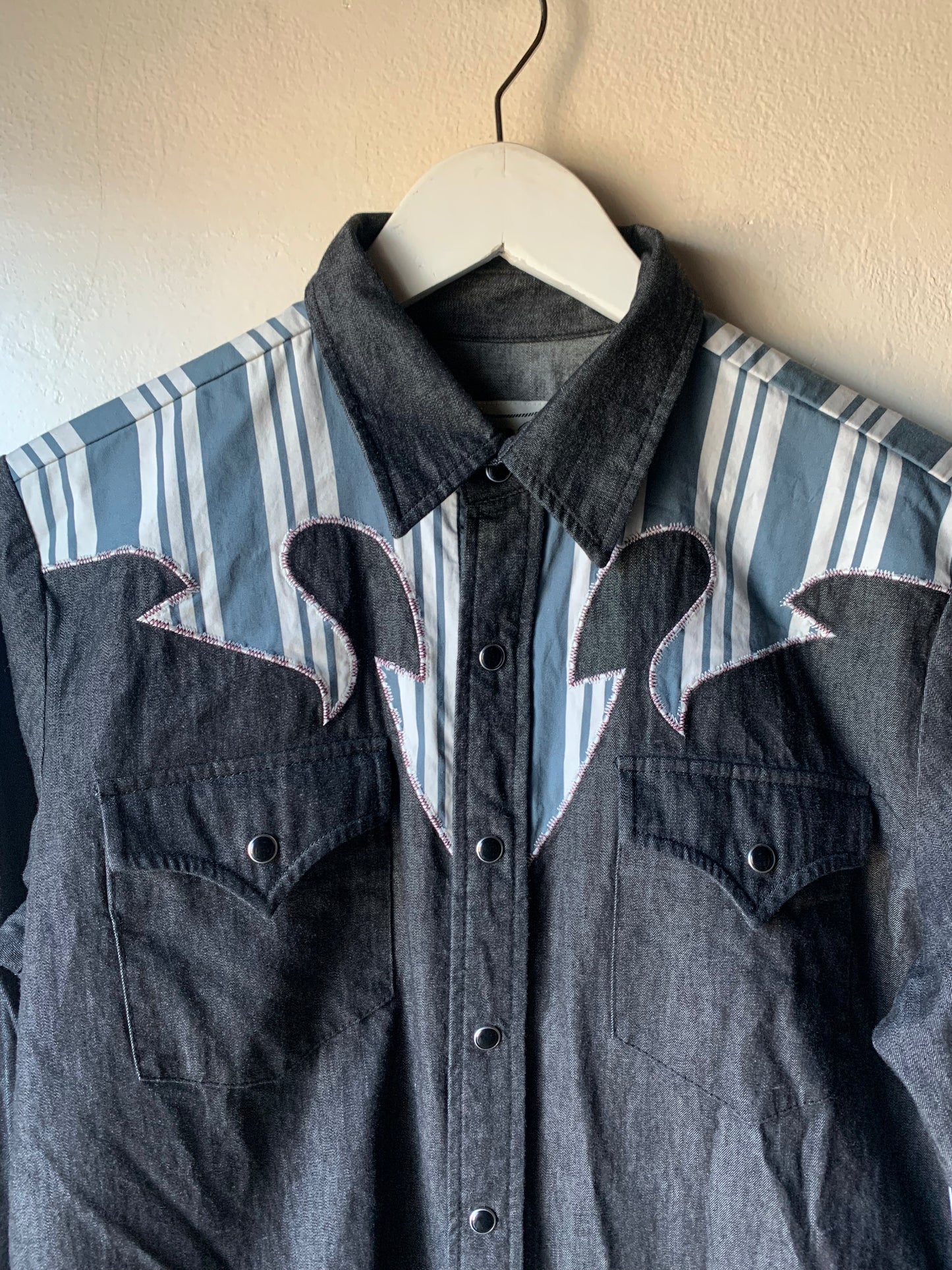 Dark Denim H Bar C Shirt w/ Stripe Appliqué (M)