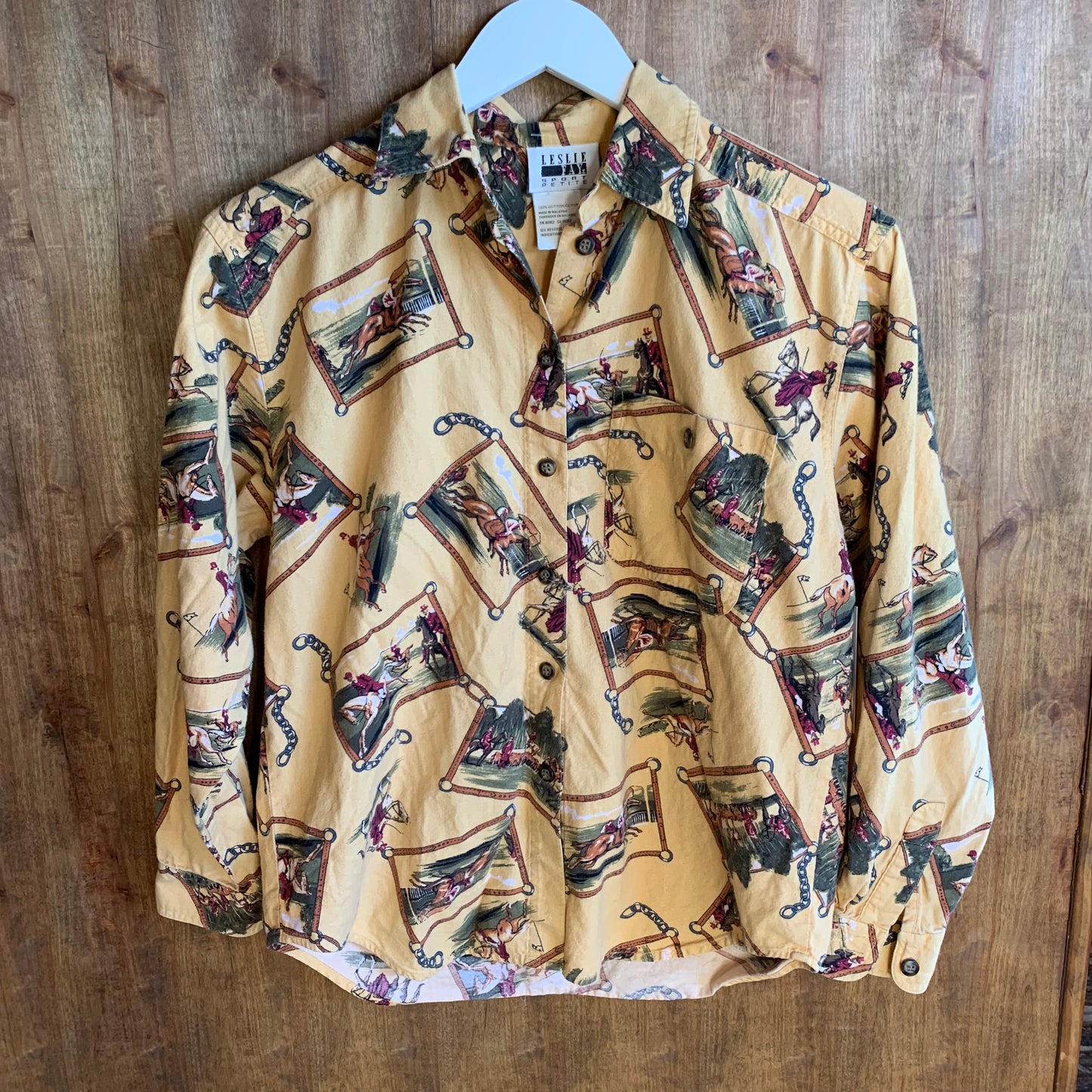 Beige Horse Print Petite Button Up (M)