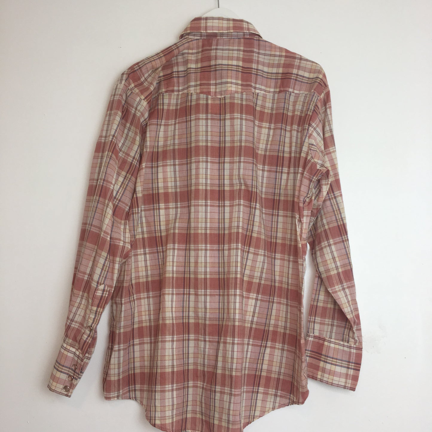 Vtg. Soft Salmon Plaid Dee Cee Pearl Snap Shirt