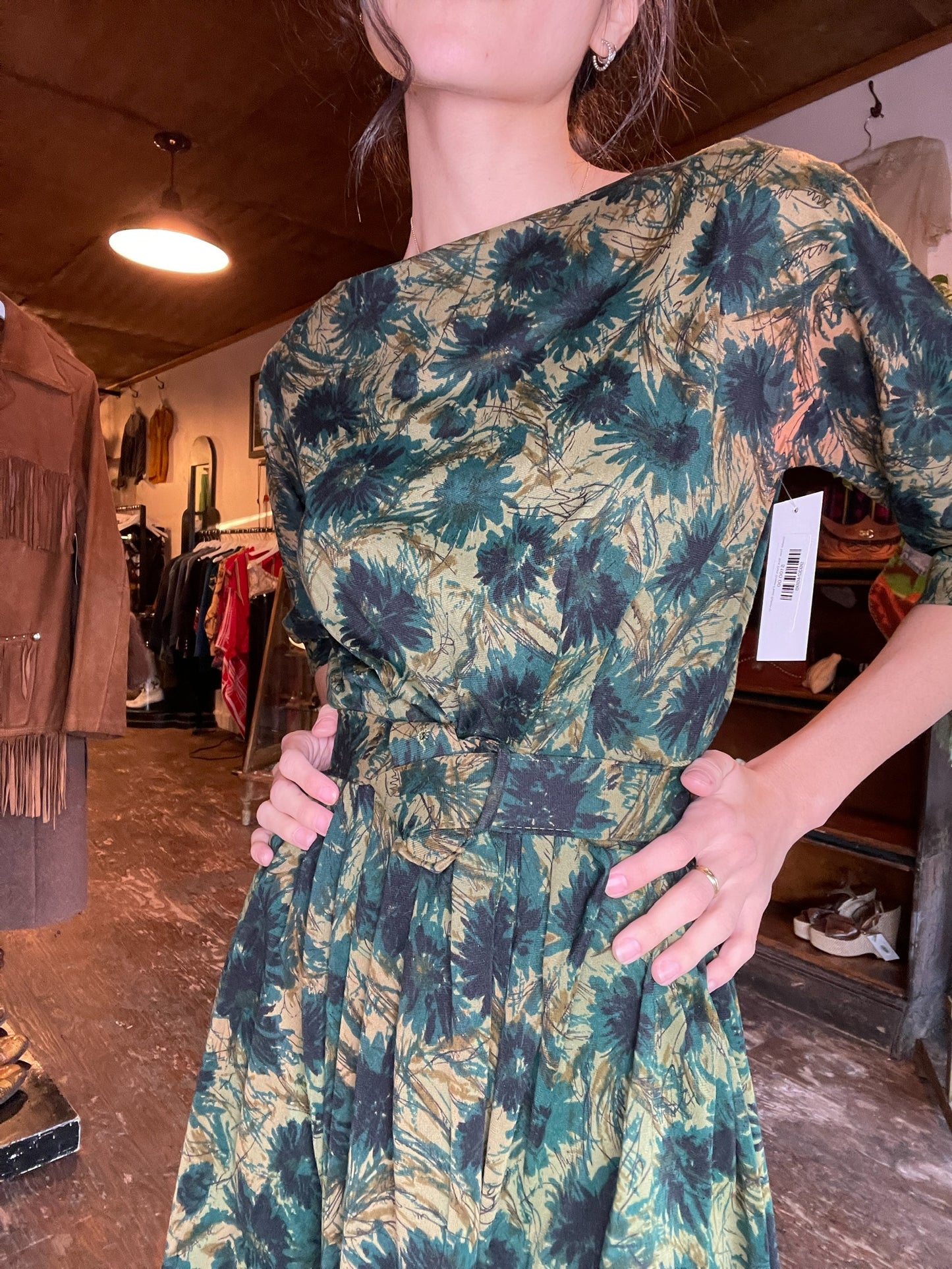 Giselle New York Dark Green Floral Button Up Dress w/ Belt (S)