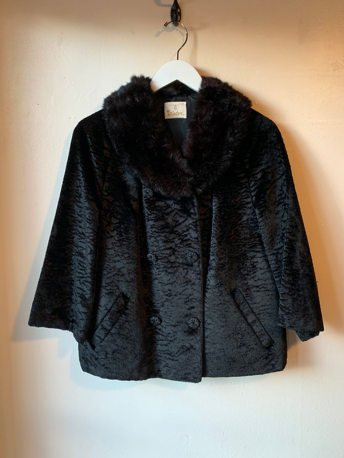 Vintage Sleek Black Rabbit Fur Collar Coat (M)